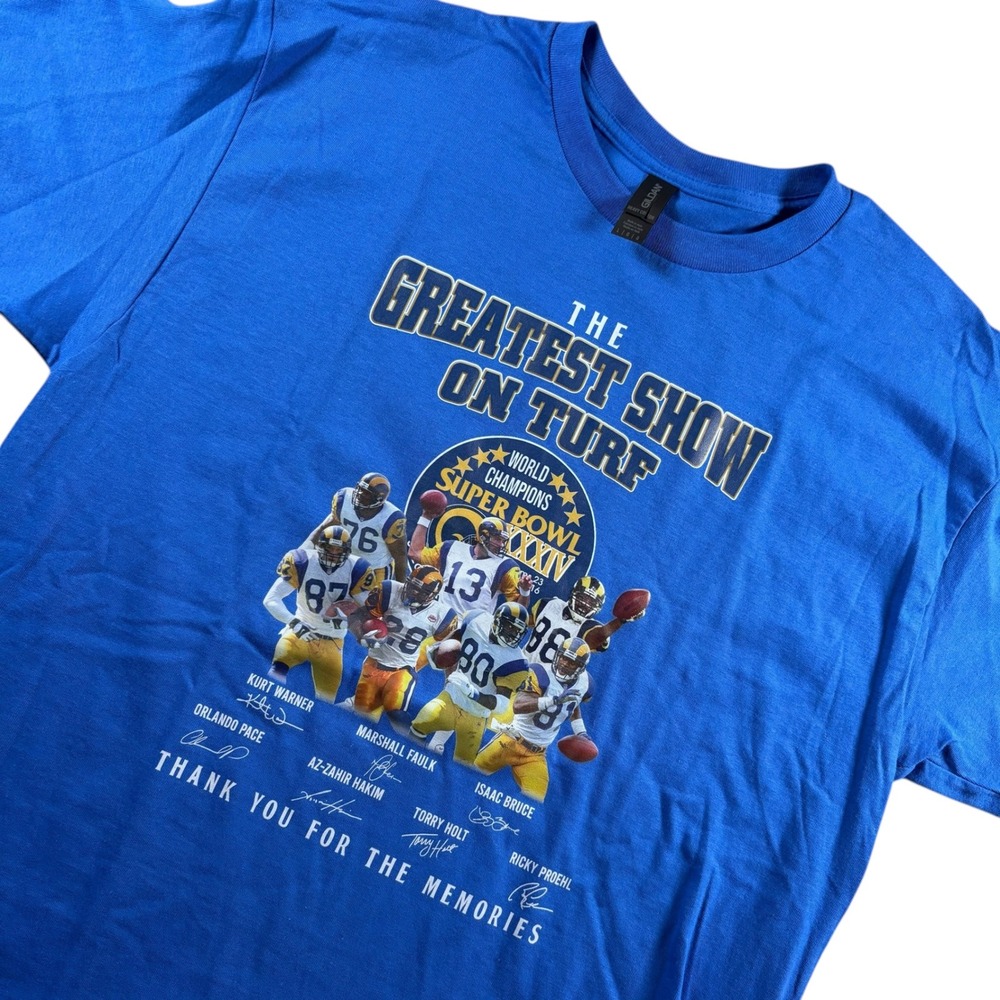 Gildan St Louis Rams Greatest Show On Turf Super Bowl XXXIV Blue T-Shirt Mens L